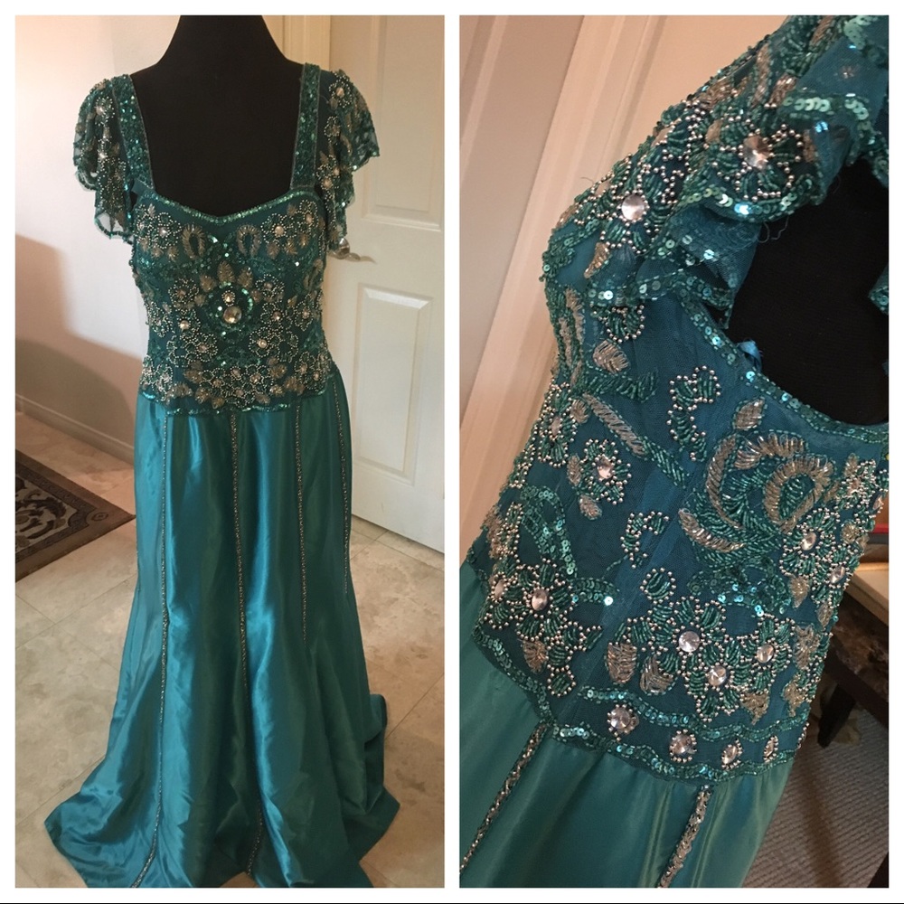 Lebanese silky beaded teal/aqua dress
